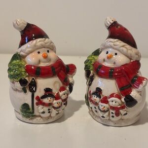 Festive Jolly Snowmen Salt and Pepper Shakers with Red and Green Accents